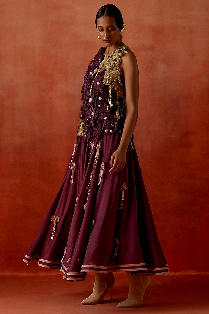 Wine Silk Chanderi Floral Embroidered Skirt Set by Jajaabor at Pernia's Pop Up Shop