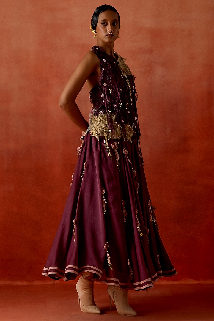Wine Silk Chanderi Floral Embroidered Skirt Set by Jajaabor at Pernia's Pop Up Shop