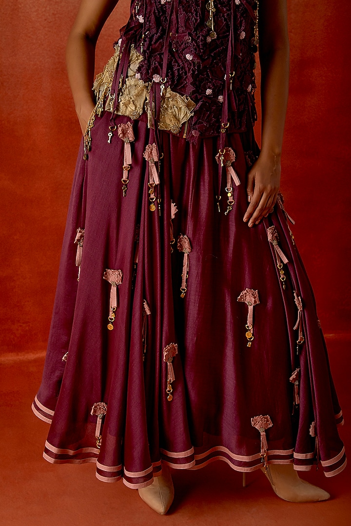 Wine Silk Chanderi Floral Embroidered Skirt Set by Jajaabor at Pernia's Pop Up Shop