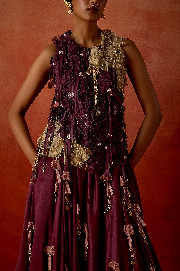 Wine Silk Chanderi Floral Embroidered Skirt Set by Jajaabor at Pernia's Pop Up Shop