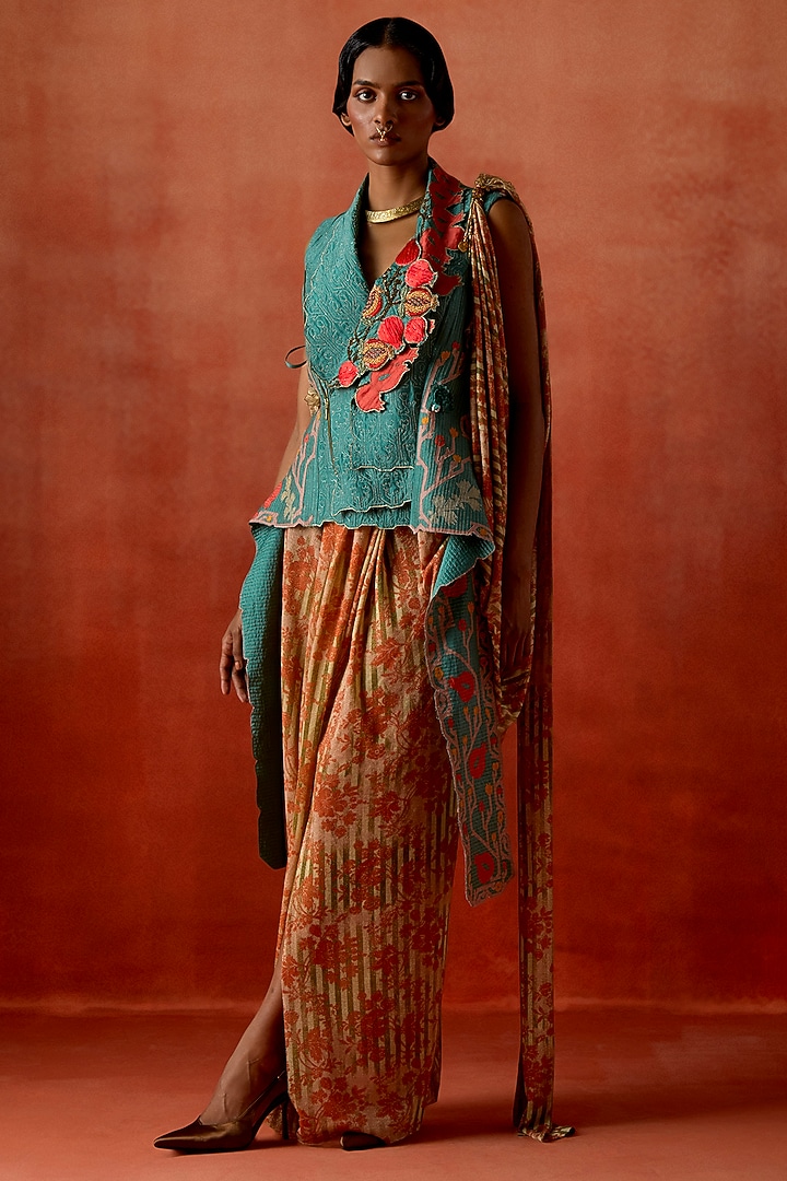 Gold Jersey Draped Skirt Set by Jajaabor at Pernia's Pop Up Shop