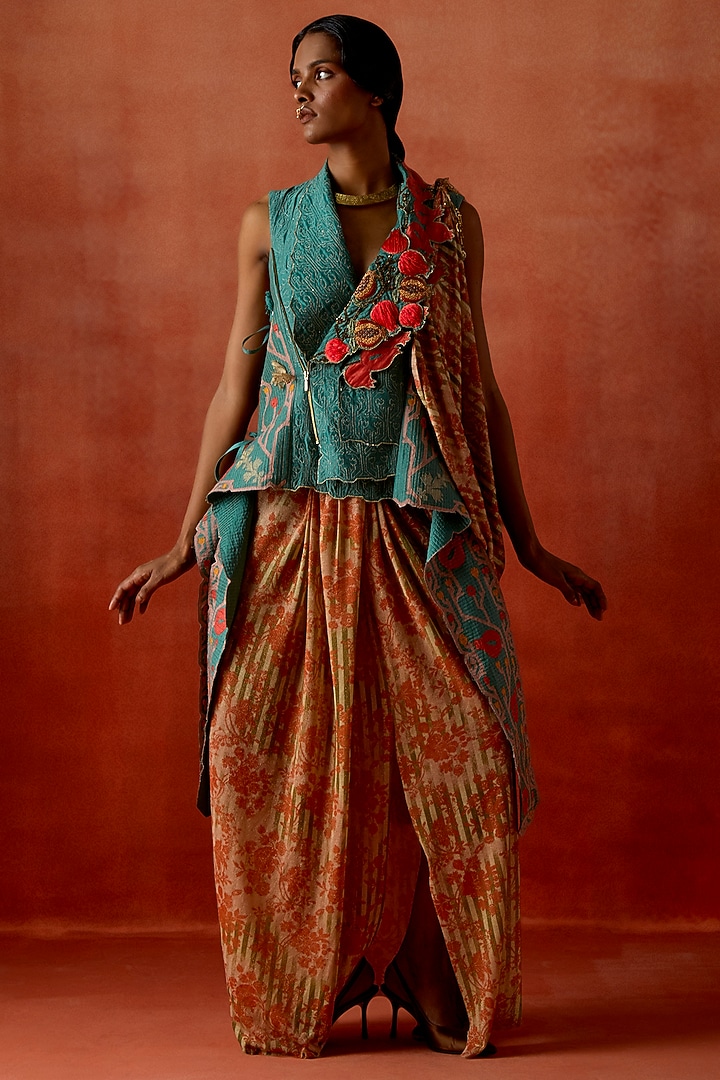 Gold Jersey Draped Skirt Set by Jajaabor at Pernia's Pop Up Shop