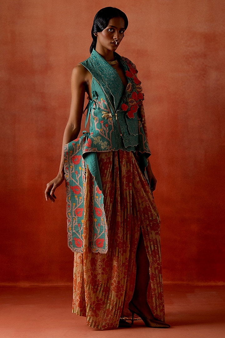 Gold Jersey Draped Skirt Set by Jajaabor at Pernia's Pop Up Shop