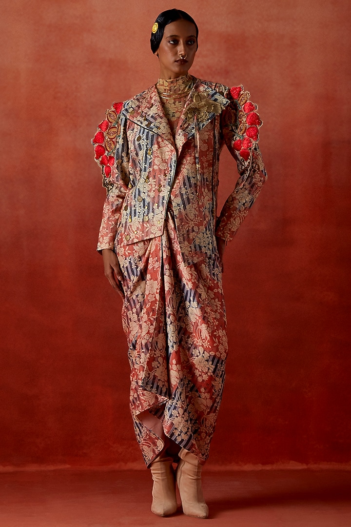 Multi-Colored Silk Chanderi Embroidered & Printed Skirt Set by Jajaabor at Pernia's Pop Up Shop
