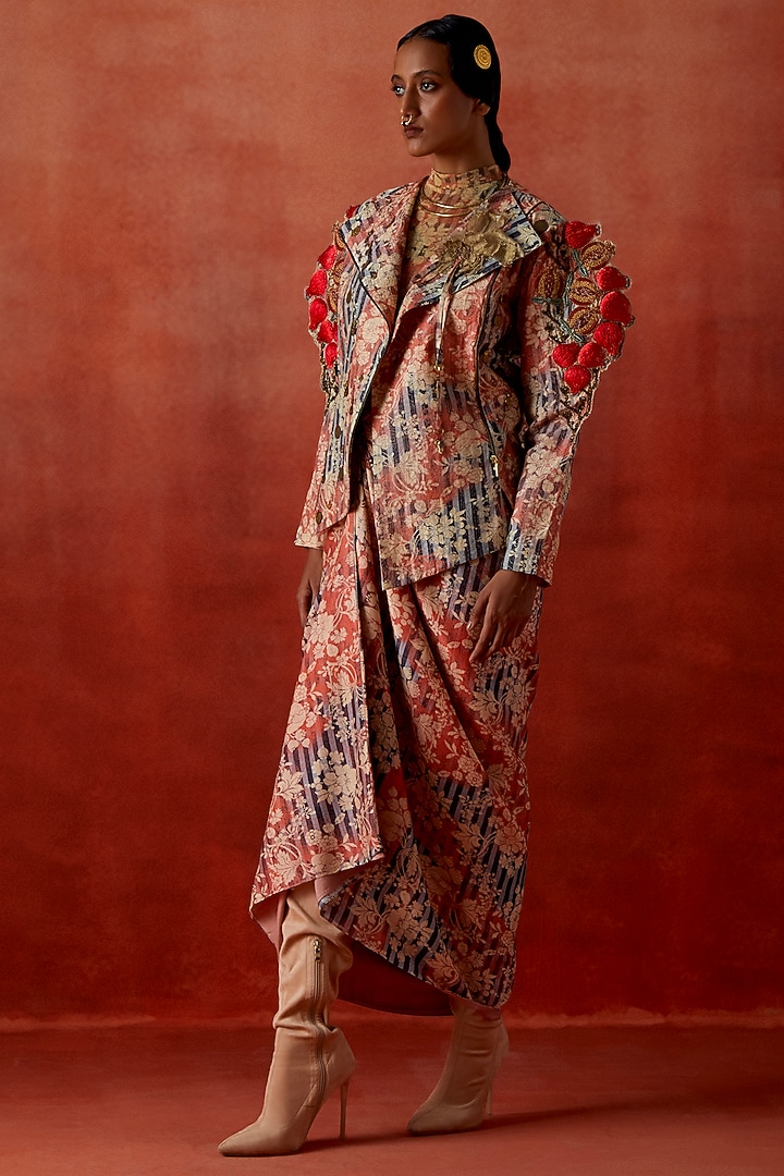 Multi-Colored Silk Chanderi Embroidered & Printed Skirt Set by Jajaabor at Pernia's Pop Up Shop