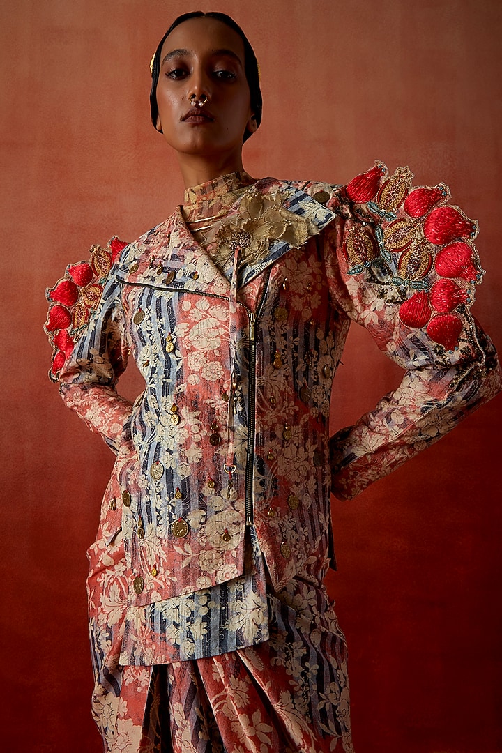 Multi-Colored Silk Chanderi Embroidered & Printed Skirt Set by Jajaabor at Pernia's Pop Up Shop