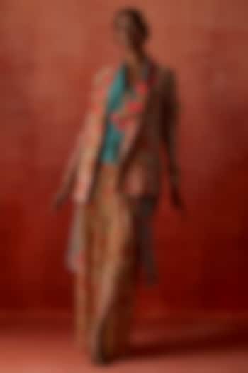 Teal Silk Chanderi Embroidered Jacket Set by Jajaabor at Pernia's Pop Up Shop