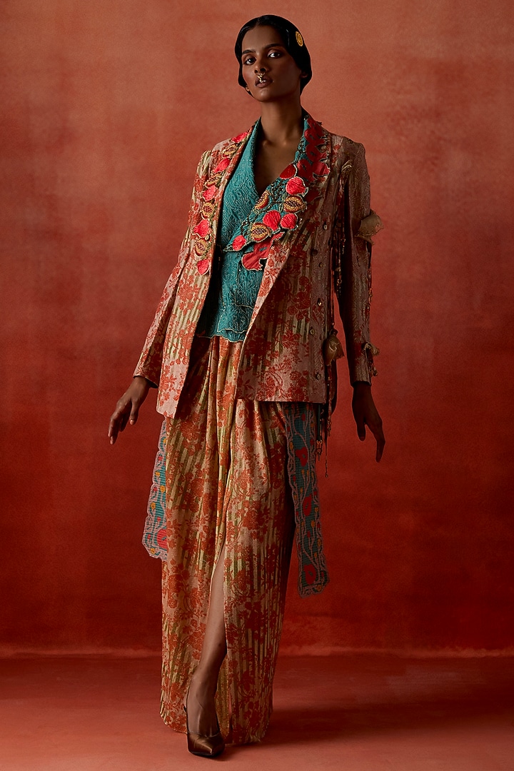 Teal Silk Chanderi Embroidered Jacket Set by Jajaabor at Pernia's Pop Up Shop