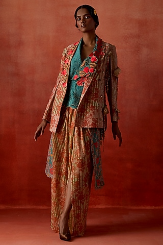 Teal Silk Chanderi Embroidered Jacket Set by Jajaabor
