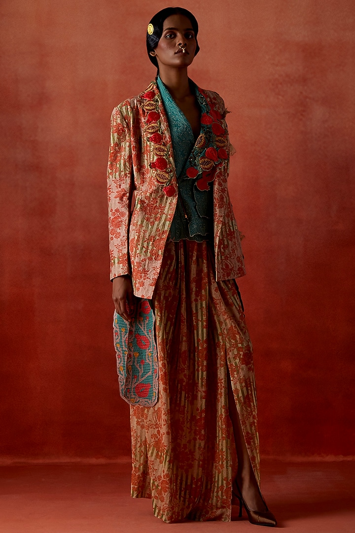 Teal Silk Chanderi Embroidered Jacket Set by Jajaabor at Pernia's Pop Up Shop