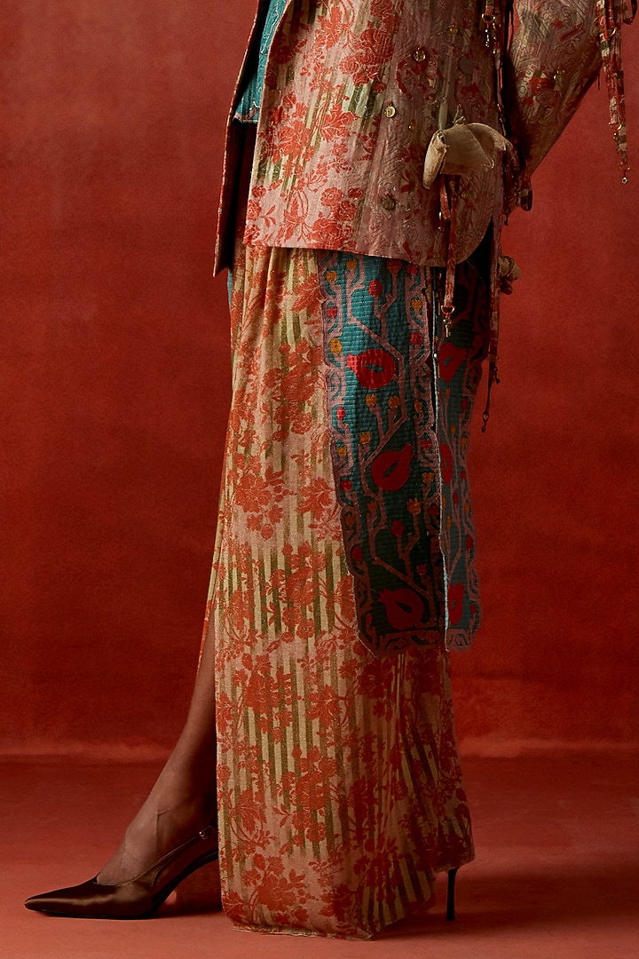 Teal Silk Chanderi Embroidered Jacket Set by Jajaabor at Pernia's Pop Up Shop