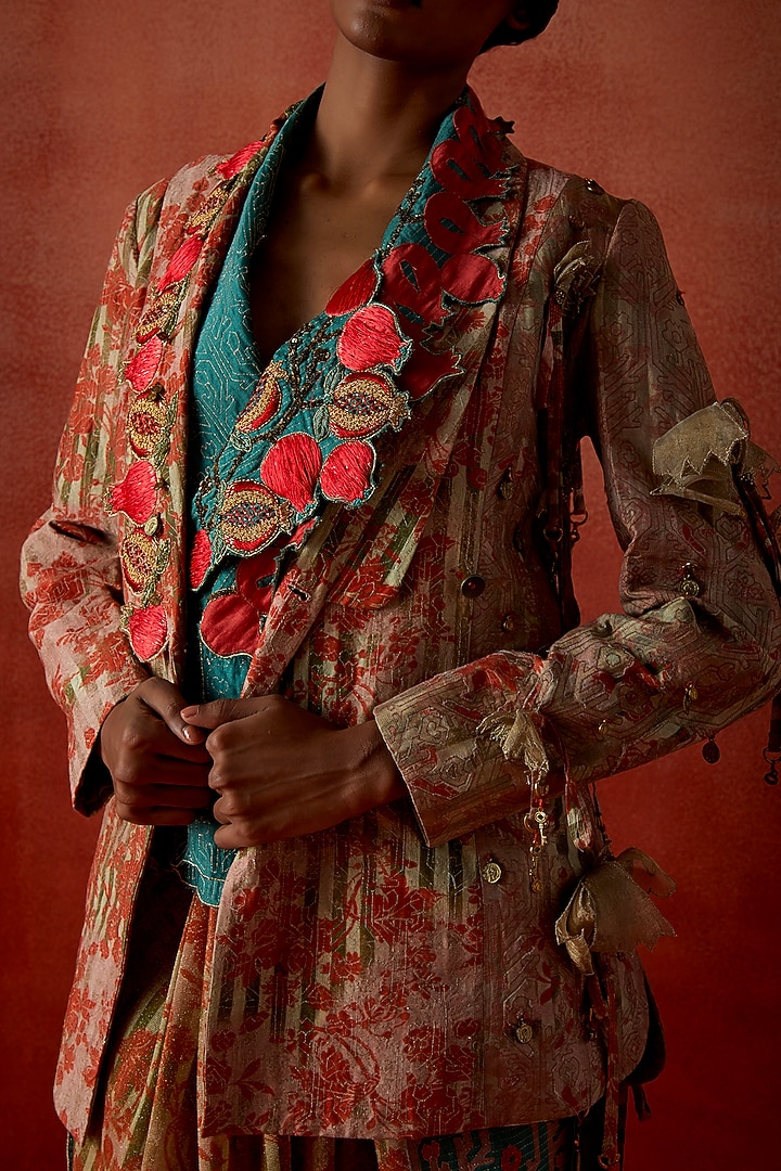 Teal Silk Chanderi Embroidered Jacket Set by Jajaabor at Pernia's Pop Up Shop