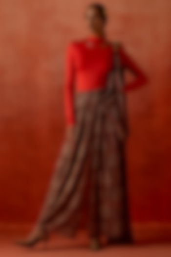 Wine Jersey Draped Party Wear Saree With Bodysuit by Jajaabor at Pernia's Pop Up Shop
