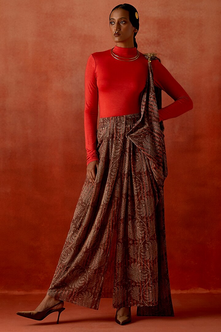 Wine Jersey Draped Party Wear Saree With Bodysuit by Jajaabor at Pernia's Pop Up Shop