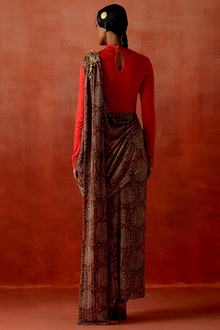 Wine Jersey Draped Party Wear Saree With Bodysuit by Jajaabor at Pernia's Pop Up Shop
