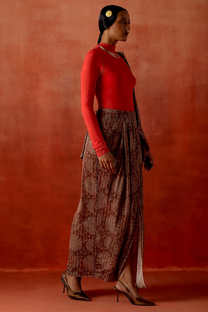 Wine Jersey Draped Party Wear Saree With Bodysuit by Jajaabor at Pernia's Pop Up Shop