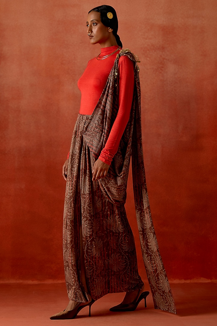 Wine Jersey Draped Party Wear Saree With Bodysuit by Jajaabor at Pernia's Pop Up Shop