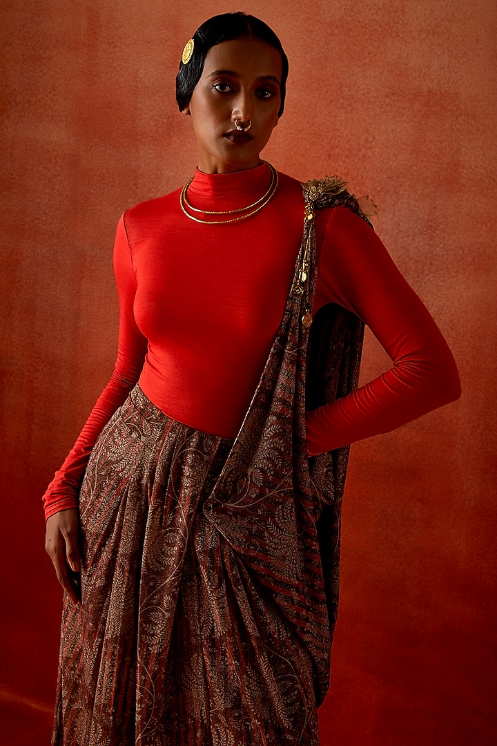 Wine Jersey Draped Party Wear Saree With Bodysuit by Jajaabor at Pernia's Pop Up Shop