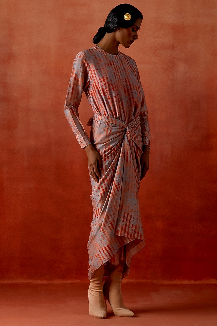 Coral Chanderi Pull-Up Knotted Vacation Dress by Jajaabor at Pernia's Pop Up Shop