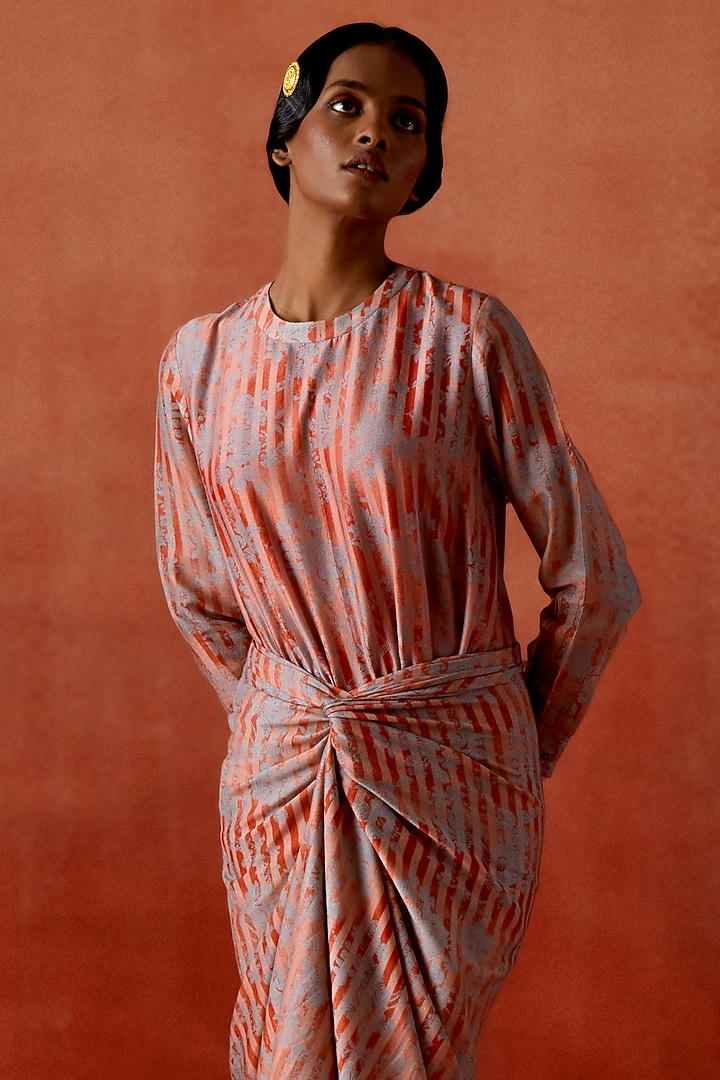 Coral Chanderi Pull-Up Knotted Vacation Dress by Jajaabor at Pernia's Pop Up Shop