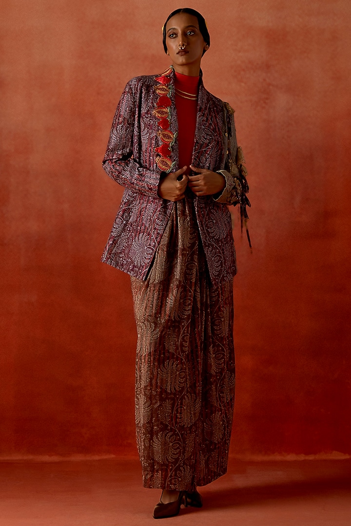 Wine Silk Chanderi Embroidered Jacket Set by Jajaabor at Pernia's Pop Up Shop