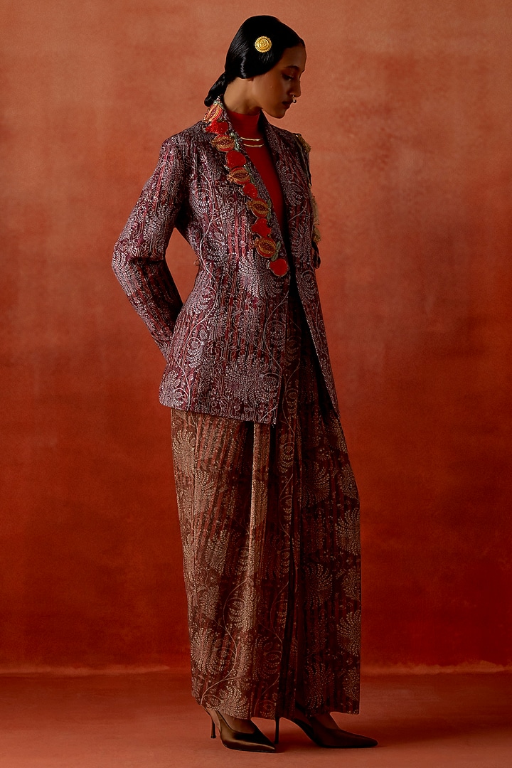 Wine Silk Chanderi Embroidered Jacket Set by Jajaabor at Pernia's Pop Up Shop