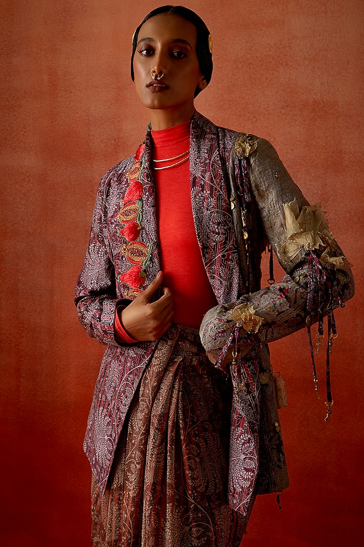 Wine Silk Chanderi Embroidered Jacket Set by Jajaabor at Pernia's Pop Up Shop