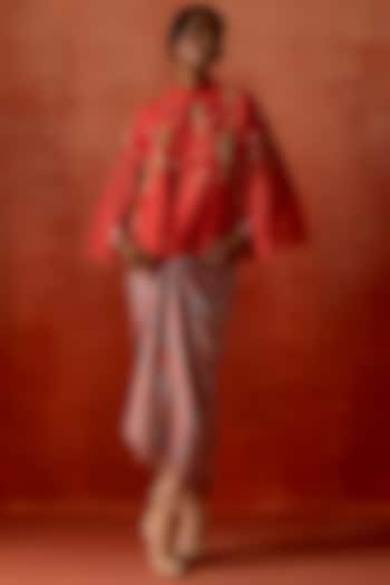 Coral Silk Chanderi Cutwork Cape With Party Wear Dress by Jajaabor at Pernia's Pop Up Shop
