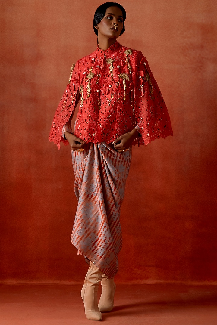 Coral Silk Chanderi Cutwork Cape With Party Wear Dress by Jajaabor at Pernia's Pop Up Shop