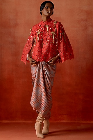 Coral Silk Chanderi Cutwork Cape With Dress by Jajaabor