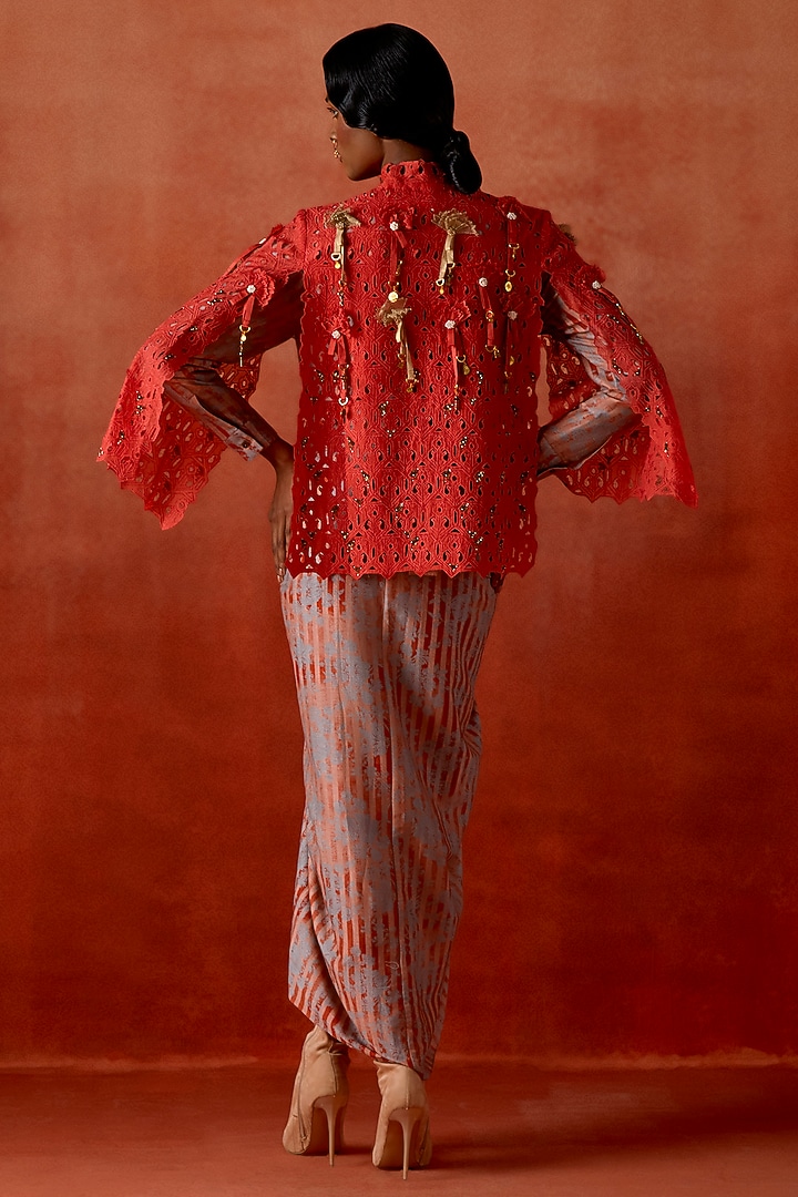 Coral Silk Chanderi Cutwork Cape With Party Wear Dress by Jajaabor at Pernia's Pop Up Shop