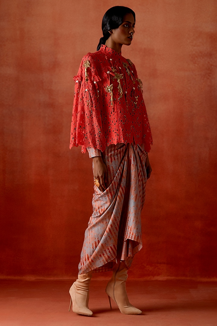 Coral Silk Chanderi Cutwork Cape With Party Wear Dress by Jajaabor at Pernia's Pop Up Shop
