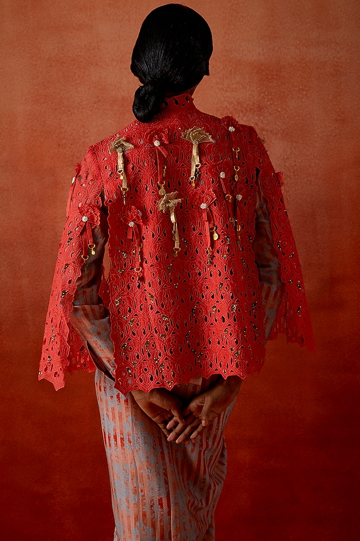 Coral Silk Chanderi Cutwork Cape With Party Wear Dress by Jajaabor at Pernia's Pop Up Shop