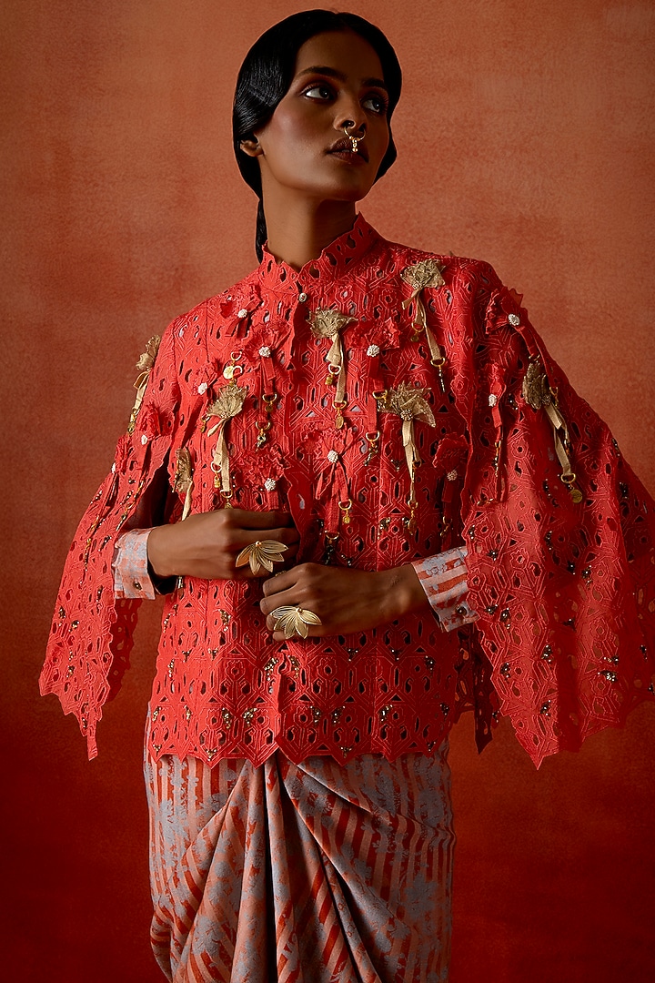 Coral Silk Chanderi Cutwork Cape With Party Wear Dress by Jajaabor at Pernia's Pop Up Shop