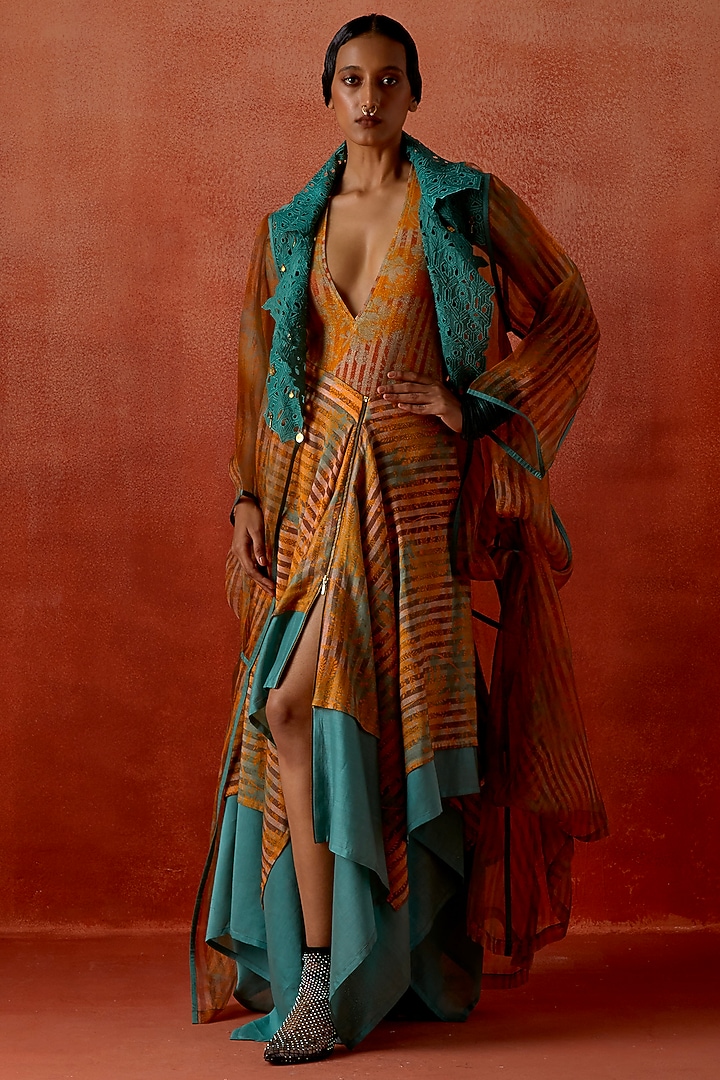 Teal & Mustard Jersey Layered Skirt Set by Jajaabor at Pernia's Pop Up Shop