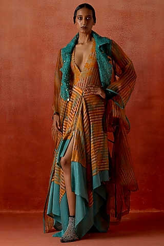 Teal & Mustard Jersey Layered Skirt Set by Jajaabor