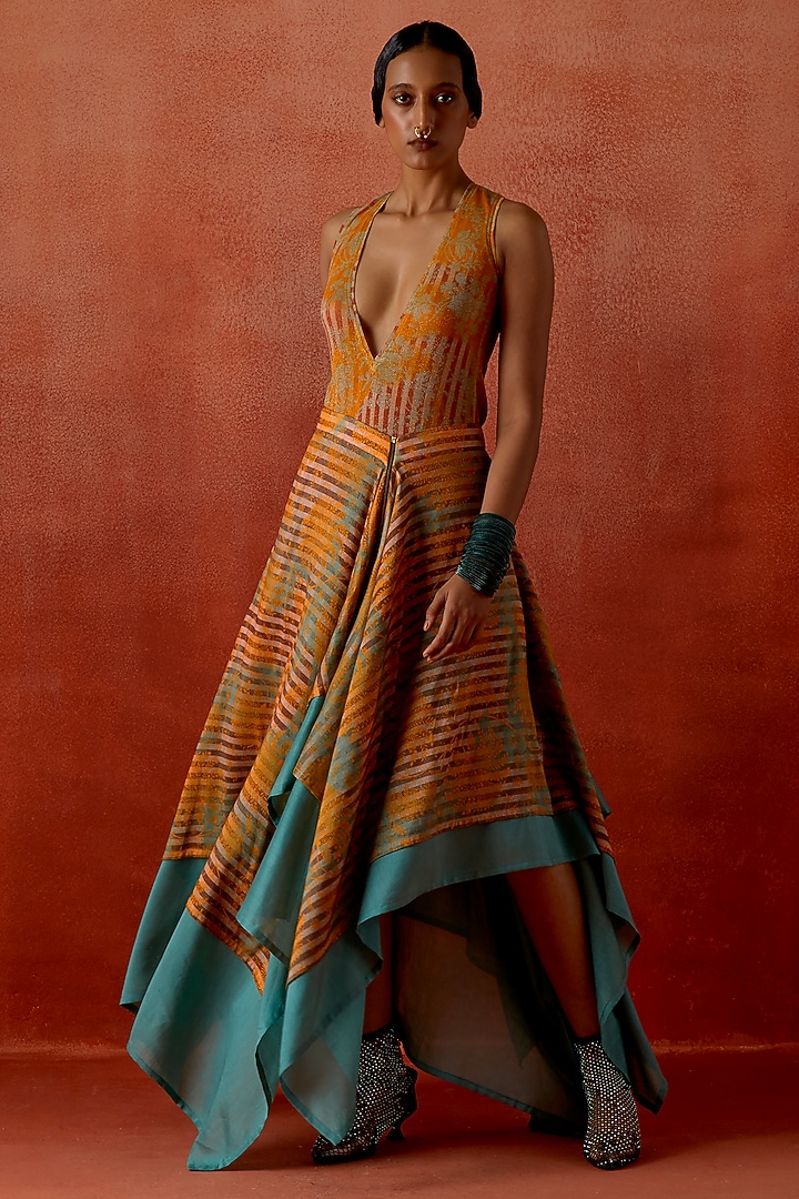 Teal & Mustard Jersey Layered Skirt Set by Jajaabor at Pernia's Pop Up Shop