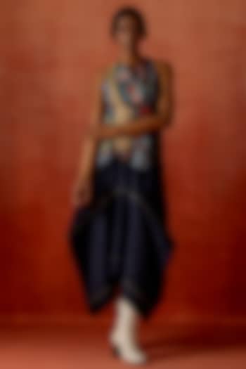 Indigo Silk Chanderi Angrakha Jacket Set by Jajaabor at Pernia's Pop Up Shop