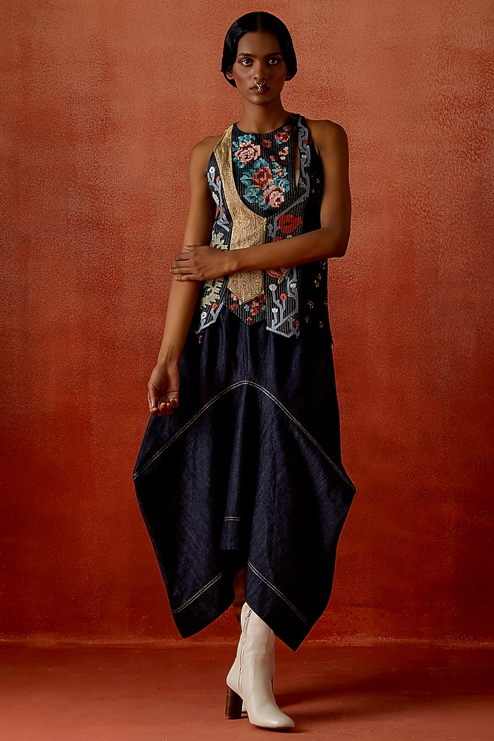 Indigo Silk Chanderi Angrakha Jacket Set by Jajaabor at Pernia's Pop Up Shop