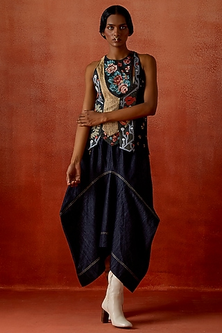 Indigo Silk Chanderi Angrakha Jacket Set by Jajaabor