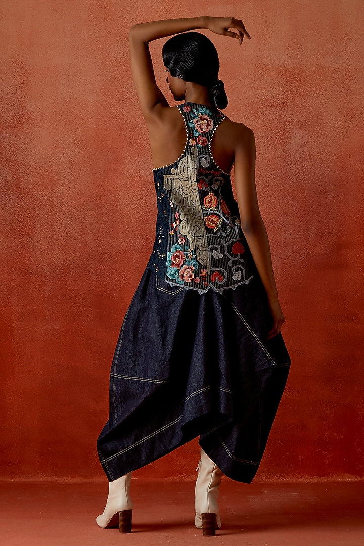 Indigo Silk Chanderi Angrakha Jacket Set by Jajaabor at Pernia's Pop Up Shop