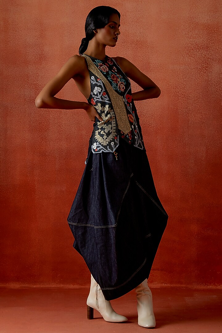 Indigo Silk Chanderi Angrakha Jacket Set by Jajaabor at Pernia's Pop Up Shop