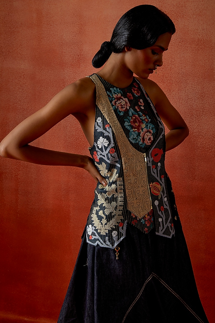 Indigo Silk Chanderi Angrakha Jacket Set by Jajaabor at Pernia's Pop Up Shop