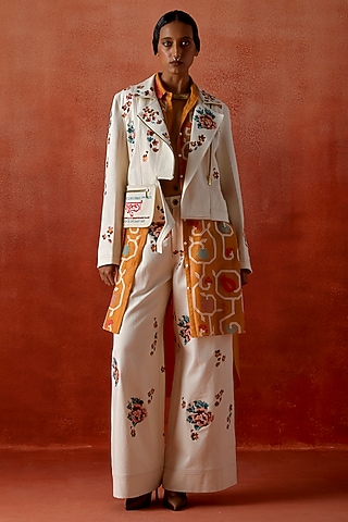Ivory & Mustard Silk Chanderi Embroidered Jacket Kurta Set by Jajaabor