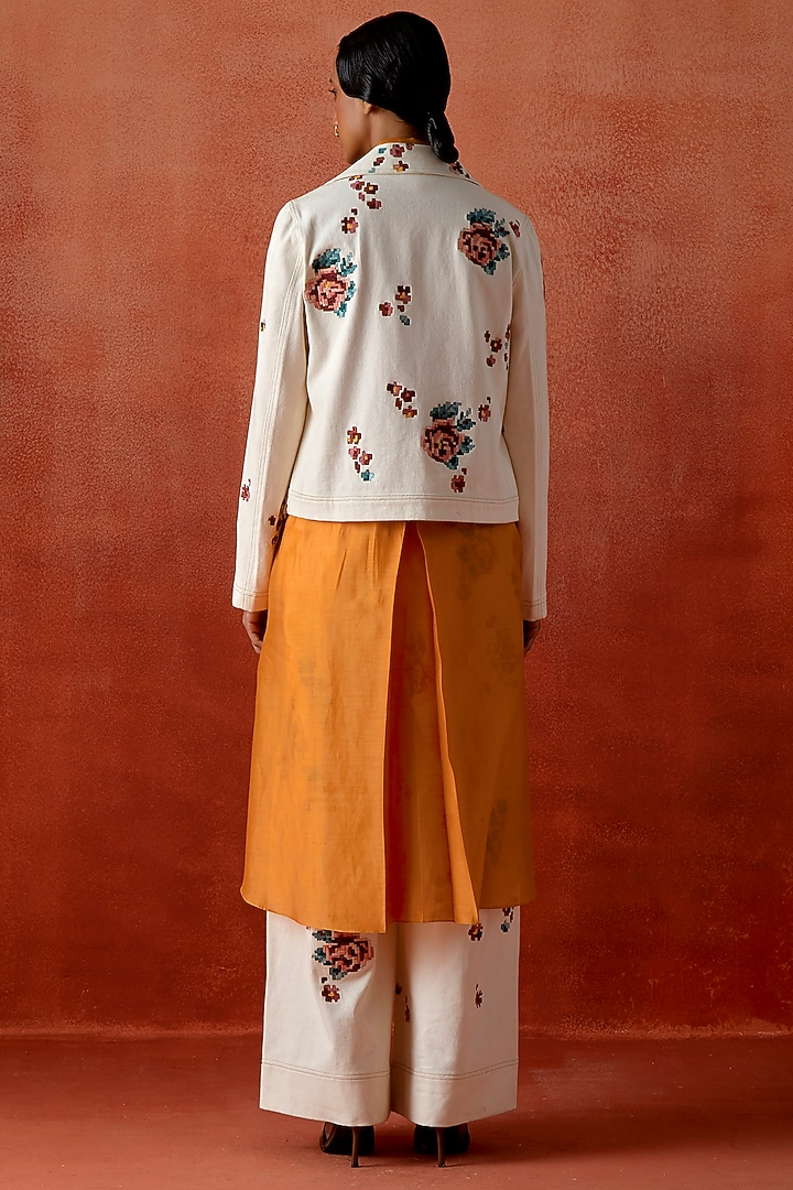 Ivory & Mustard Silk Chanderi Embroidered Jacket Kurta Set by Jajaabor at Pernia's Pop Up Shop