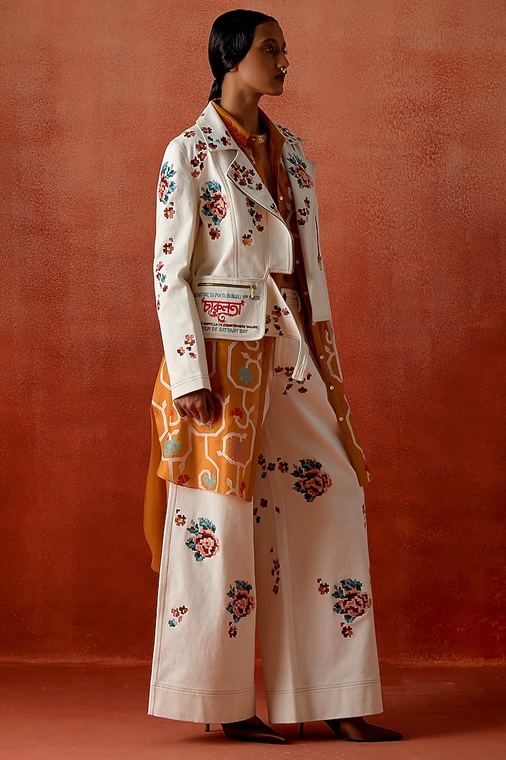 Ivory & Mustard Silk Chanderi Embroidered Jacket Kurta Set by Jajaabor at Pernia's Pop Up Shop