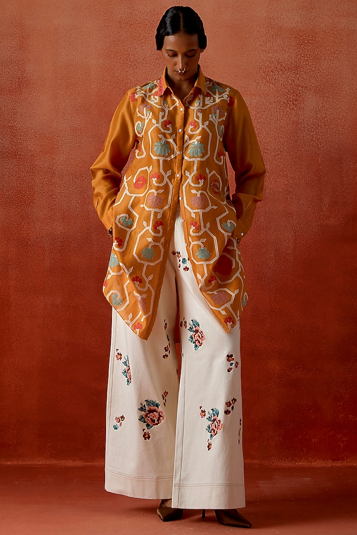 Ivory & Mustard Silk Chanderi Embroidered Jacket Kurta Set by Jajaabor at Pernia's Pop Up Shop