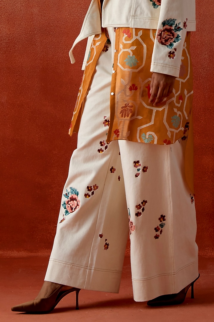 Ivory & Mustard Silk Chanderi Embroidered Jacket Kurta Set by Jajaabor at Pernia's Pop Up Shop