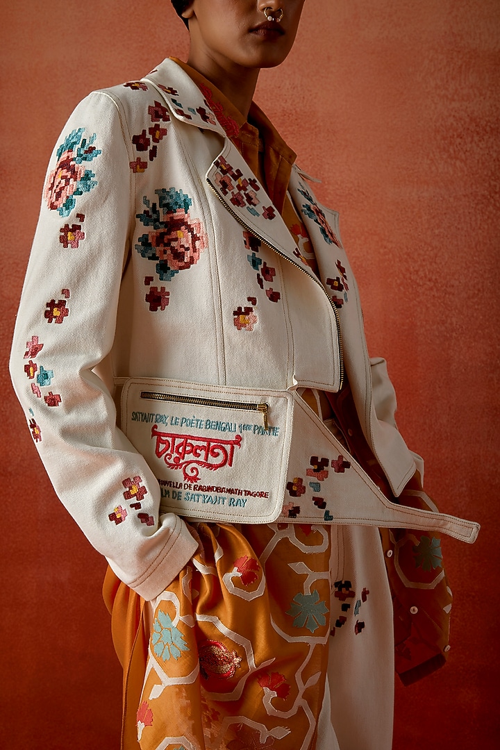 Ivory & Mustard Silk Chanderi Embroidered Jacket Kurta Set by Jajaabor at Pernia's Pop Up Shop