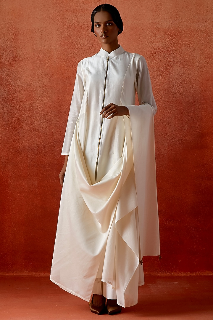Ivory Silk Chanderi Angrakha Jacket Kurta Set by Jajaabor at Pernia's Pop Up Shop